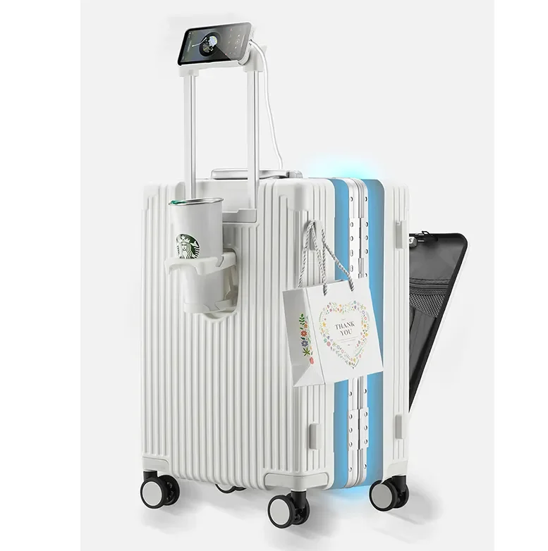 New designer trolley case with phone holder water proof smart luggage with usb charging Port suitcase with cup holder