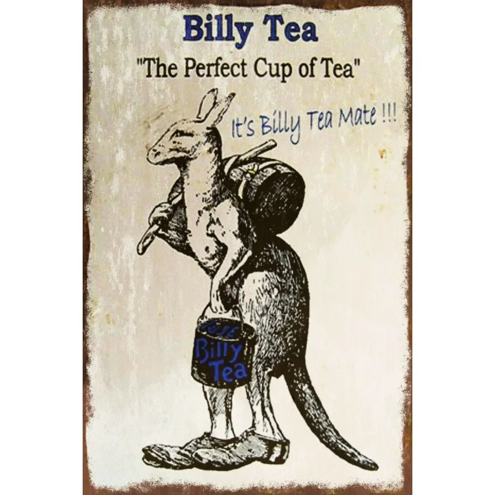 Billy Tea Kangaroo Australian Retro Tin Sign - Vintage Durable Metal Plaque Wall Decor, Home Office Bar Man Cave Wall Art