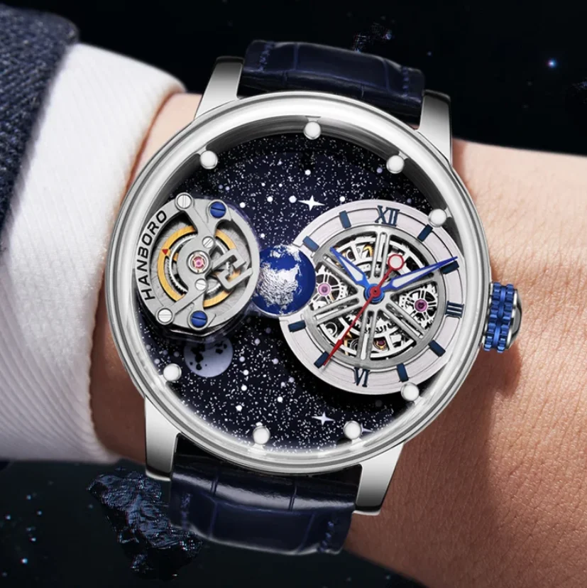 HANBORO Men Automatic Watch 44mm Mechanical Wristwatch Luminous Rotatable Cosmic Dial