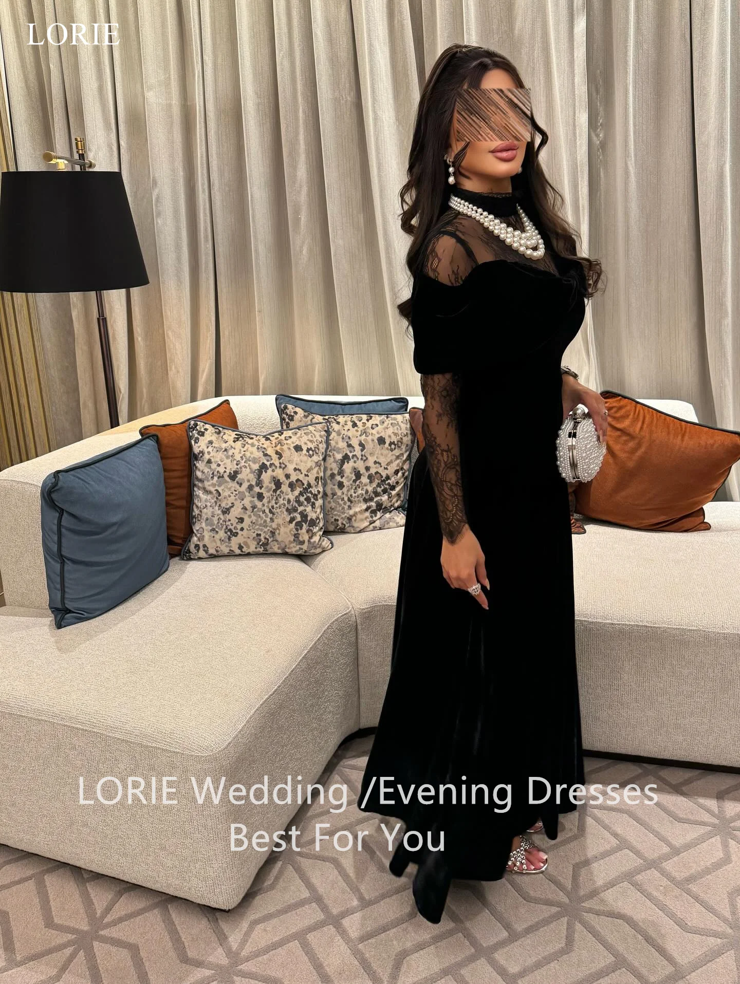 LORIE فساتين حفلات سوداء أنيقة مخملية مكشوفة الكتف من الدانتيل وأكمام طويلة فستان حفلة موسيقية مسائية على شكل حرف A فستان حفلات مخصص