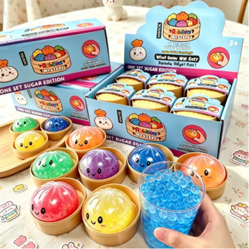 Dumpling Squishy with Bead Sensory Squeeze Toy for Stress Relief with Bamboo Steamer Funny Gift