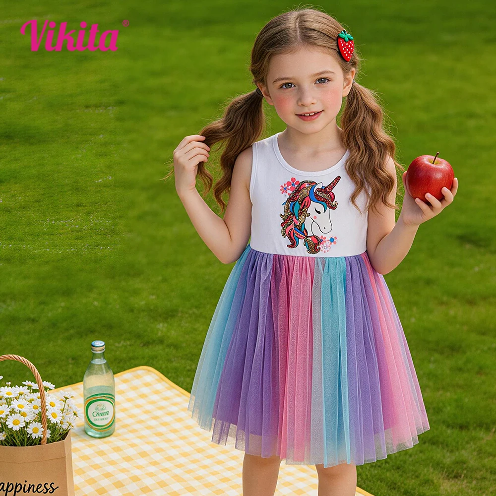 VIKITA Toddlers Colorful Gradient Multicolor Unicorn Sequined Appliqued Summer Sleeveless Dress Kids Tulle Mesh Princess Outfit
