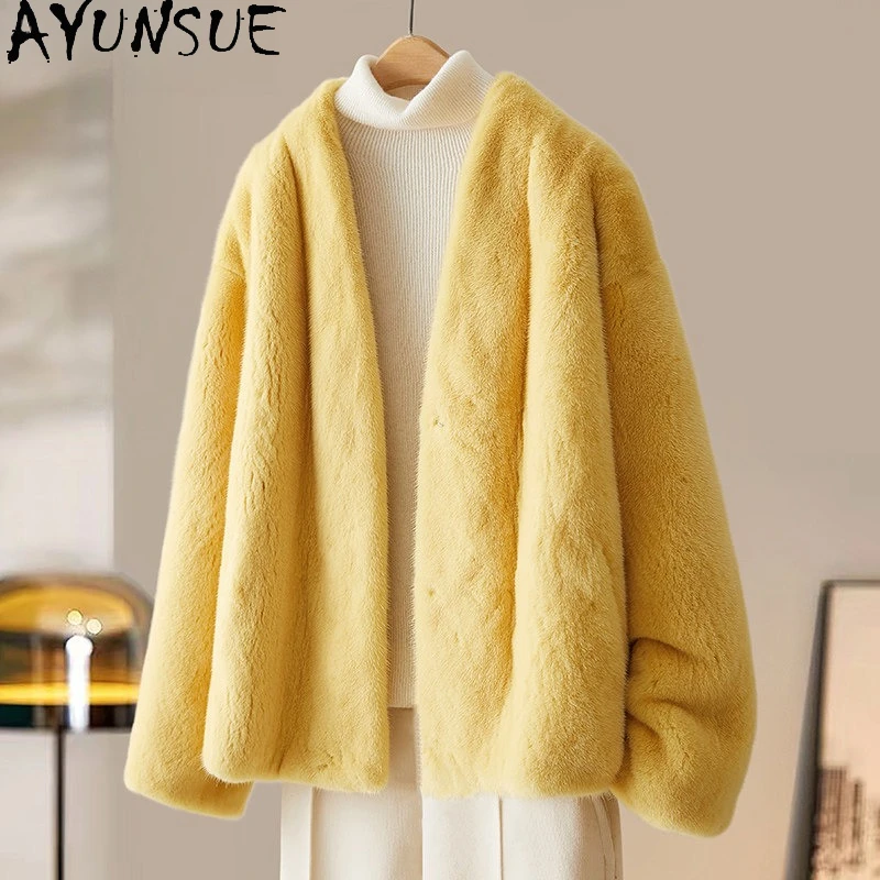 

Шуба AYUNSUE из натурального меха норки, женская зимняя теплая меховая куртка, желтая, с длинными рукавами, элегантная женская одежда