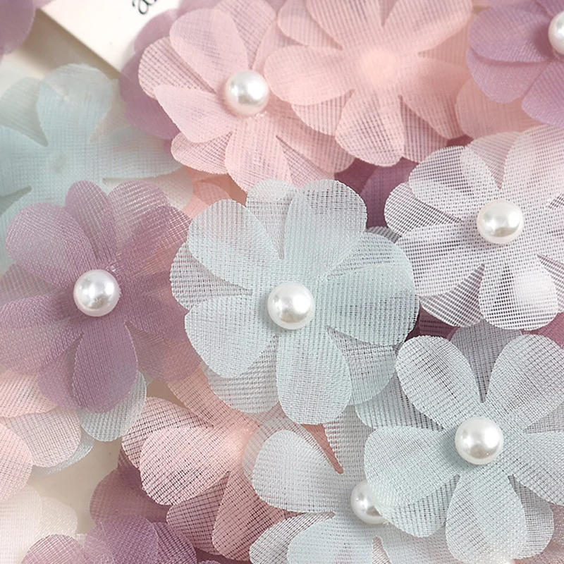 30Pcs 3.5CM Hot Sale Flower With Pearl Bead For Children\'s Headband Hair Clip Accessories Cloth Hats Decoration Patches