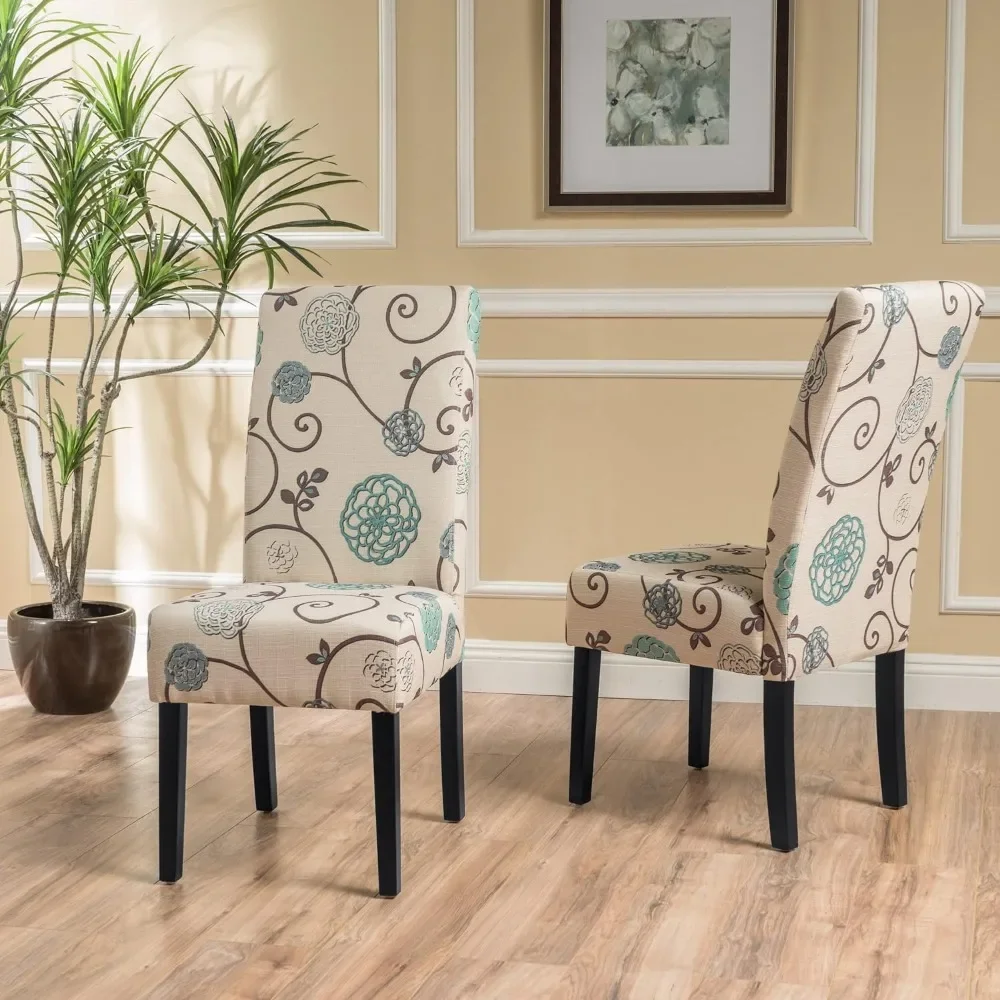 Fabric Dining Chairs, 2-Pcs Set, Polyester White And Blue Floral Kitchen Chair