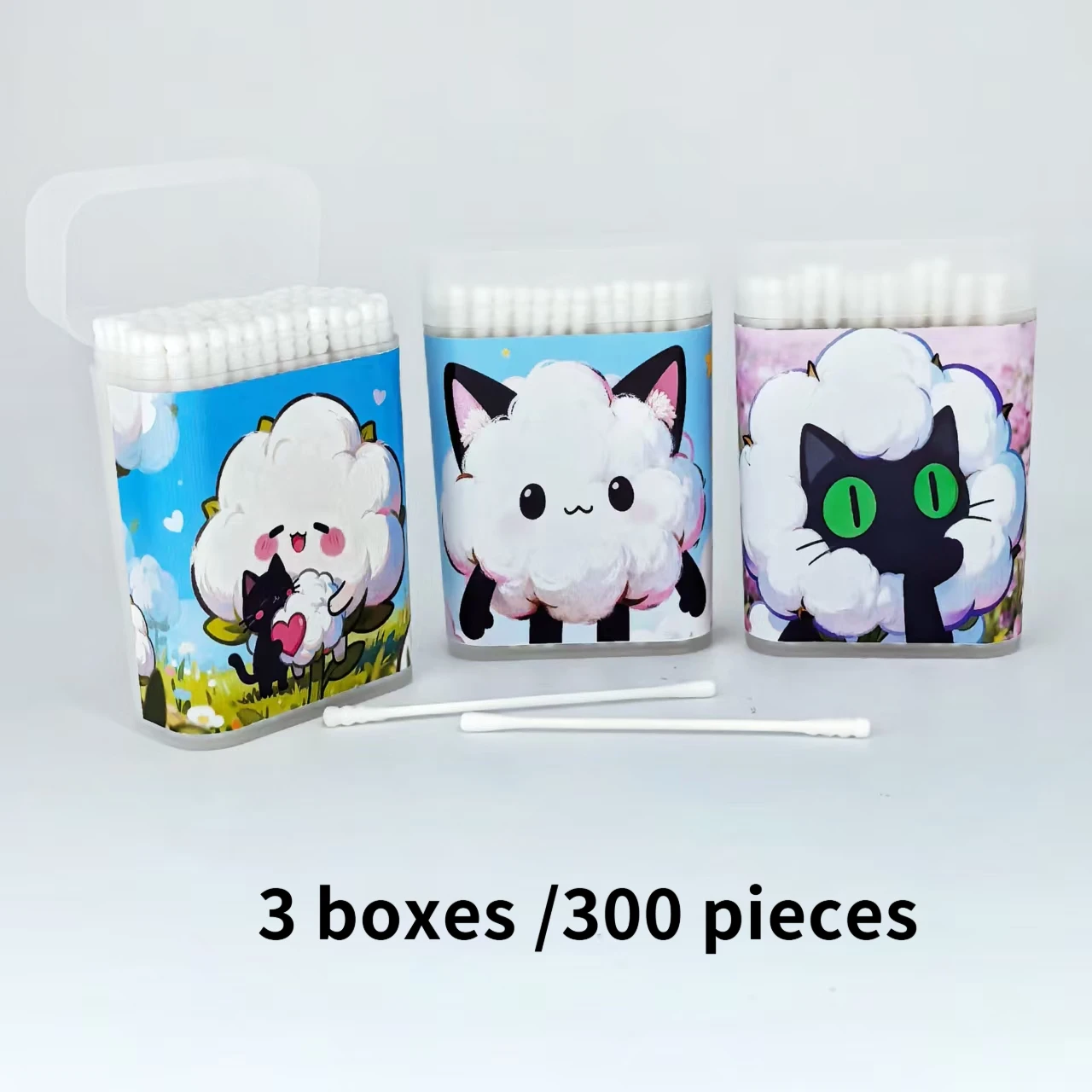 귀여운 검은 고양이 요소 면봉 300개, 미세 축 나사형 원형 면봉 스틱