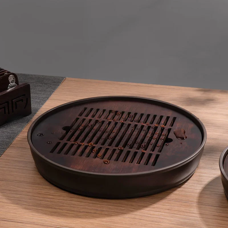 

Стол для сухого заваривания, бытовой маленький бамбуковый чайный столик для хранения чайной посуды, сливной поддон большой емкости для хранения воды, круглый поднос для чая