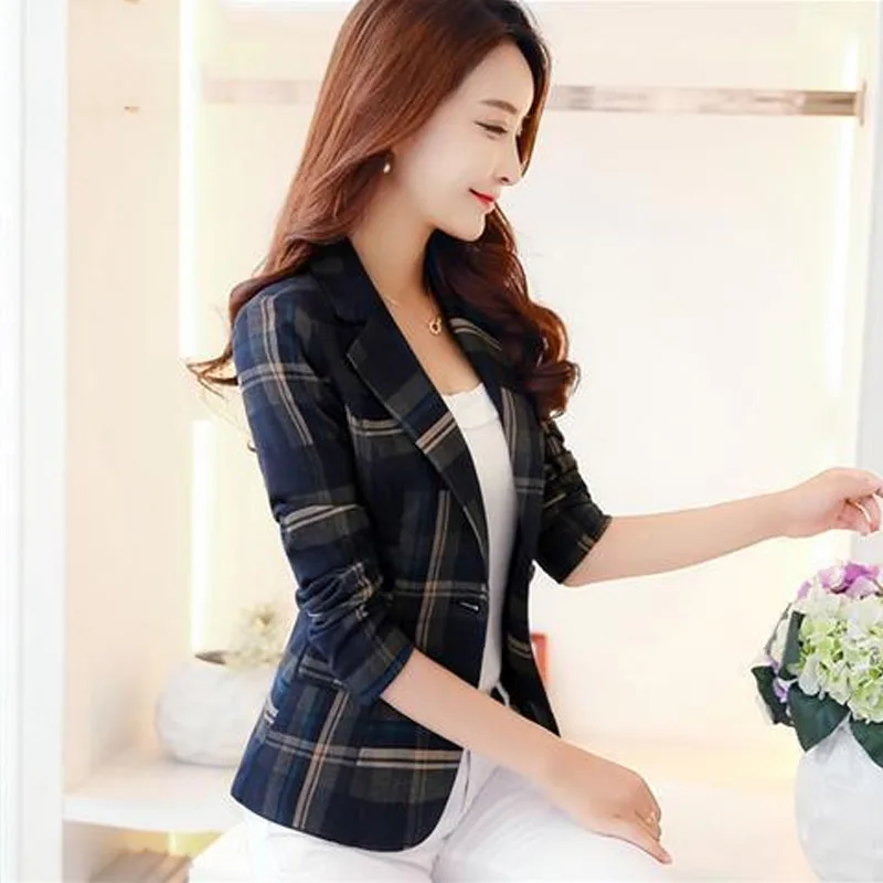 Autumn Outfit New Women\'s Fashionable Plaid Collar Long Sleeved Suit Short Jacket Slim Fit Korean Version Versatile Top Jacket