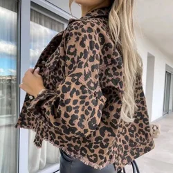 Deeptown 2024 New Spring Jackets High Street Outerwear Vintage Leopard Denim Jacket Women Animal Print Oversized Streetwear Y2k