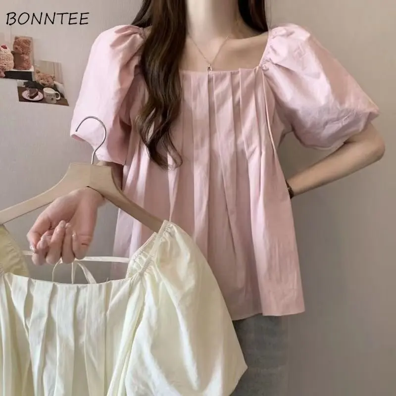 Puff Sleeve Blouses Women French Style Loose Sweet Solid Temperament Lace-up Fashion Summer New All-match Girlish Ulzzang Tender