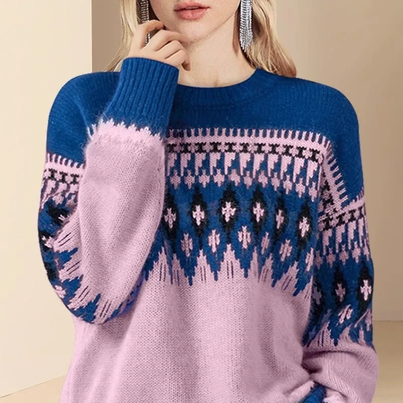 Vintage Exquisite Geometric Jacquard Sweater Blue Pink Contrast Knitwear Loose Winter Jumper Top Women Fashion Streetwear Casual