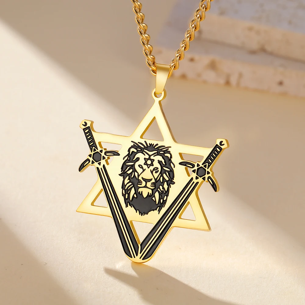 Dawapara Victory Swords Lion of Judah and Star of David Necklace Judaica Protection Amulet Stainless Steel Jewelry