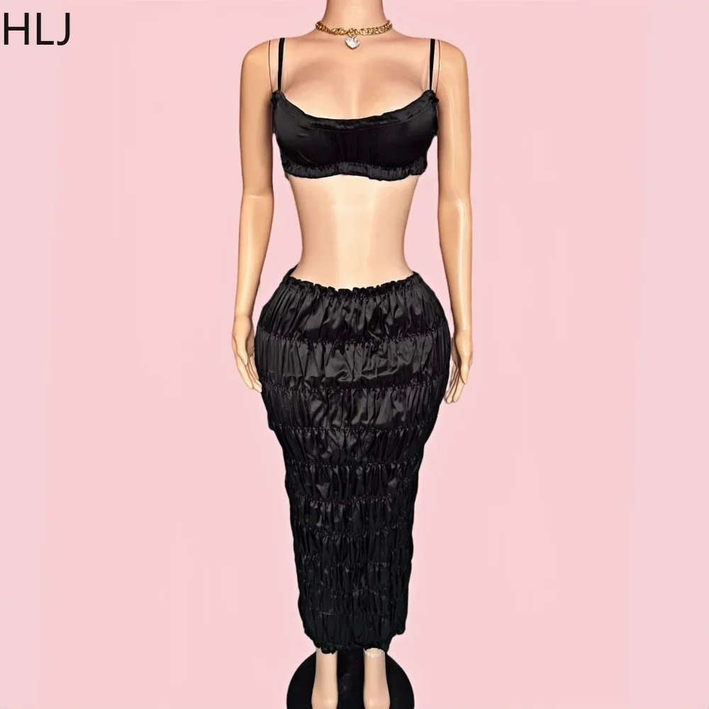 HLJ Black Sexy Y2K Ruched Skirts Two Piece Sets Women Thin Strap Backless Crop Top And Skirt Outfits Fashion Stacked Streetwear