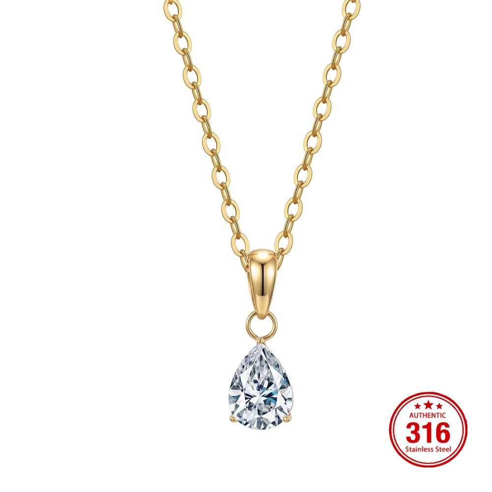 KISS MANDY Stainless Steel Classic Water Drop Zircon Pendant Necklace For Women Minimalist 18K Gold Plated Necklace Gift HTKN05