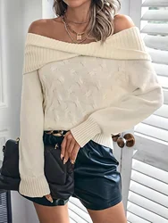 Kobiety Off Sexy Shoulder Ribbed Knit Slim Sweater Fashion Korean Solid Casual Top Long Sleeve Autumn Pullover 2024 New Streetwear