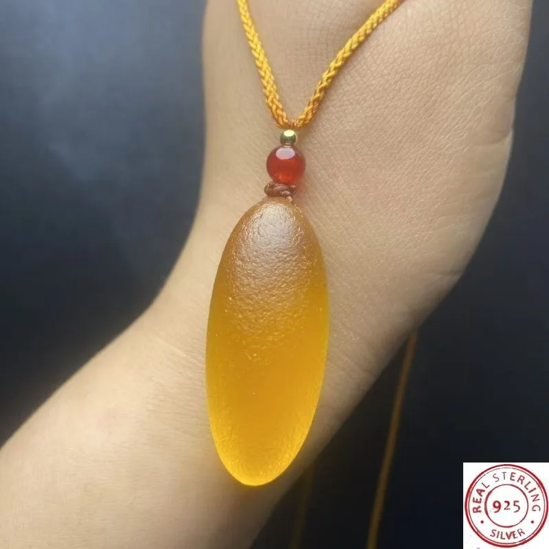 

Natural Xinjiang Colorful Stone Glass Meteorite Pendant, Chicken Fat Yellow Translucent Oval Teardrop DIY Lucky Charm Stone