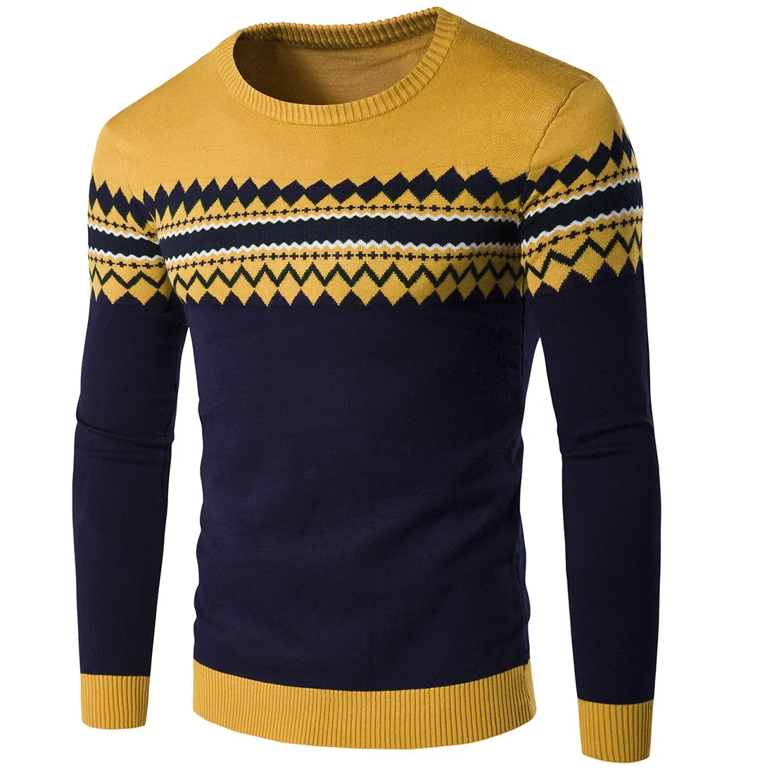 

2024 Autumn Winter New Round Neck Pullovers Men Slim Fit Knitted Sweater Fashion Color Blocking Casual Plaid Pull 2XL-M