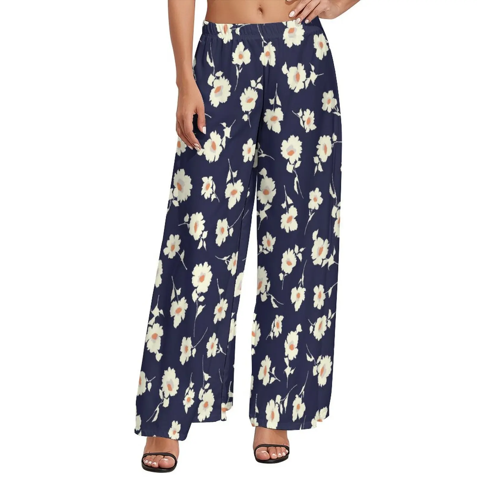 

Cute Daisies Print Pants Elastic Waist Floral Blossom Sexy Trousers Street Fashion Design Wide Leg Pants