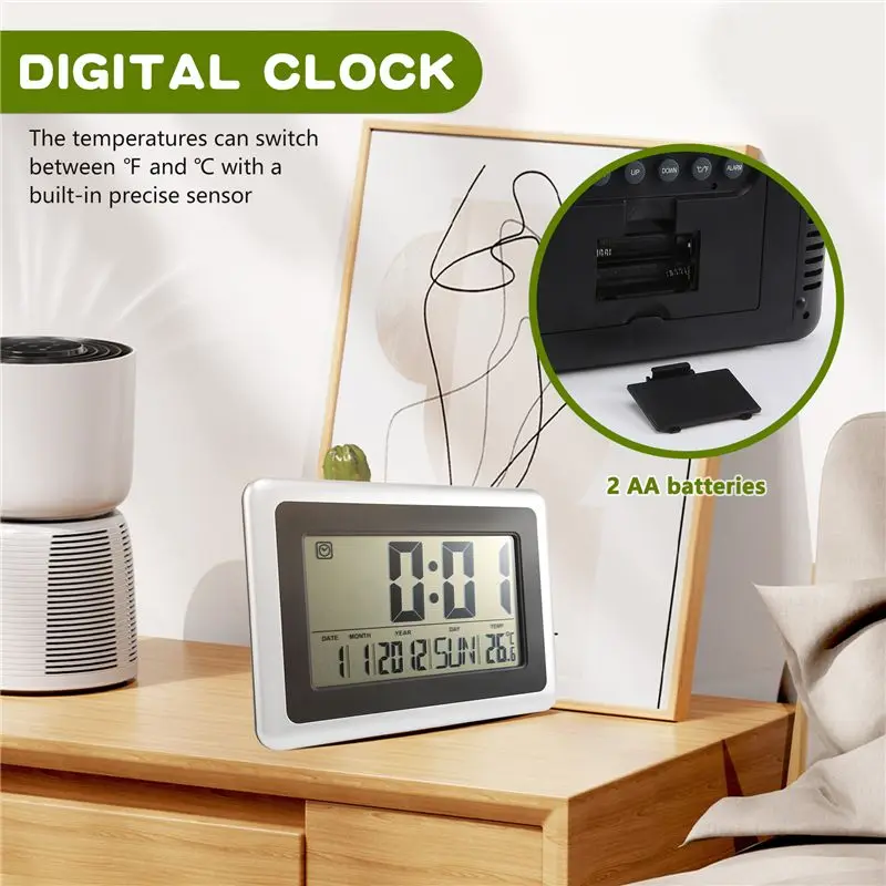 AB02 Large Display Digital Wall Clock,Silent Desk Shelf Clocks Battery Operated Easy To Read Nightstand Alarm Clock With No Nigh