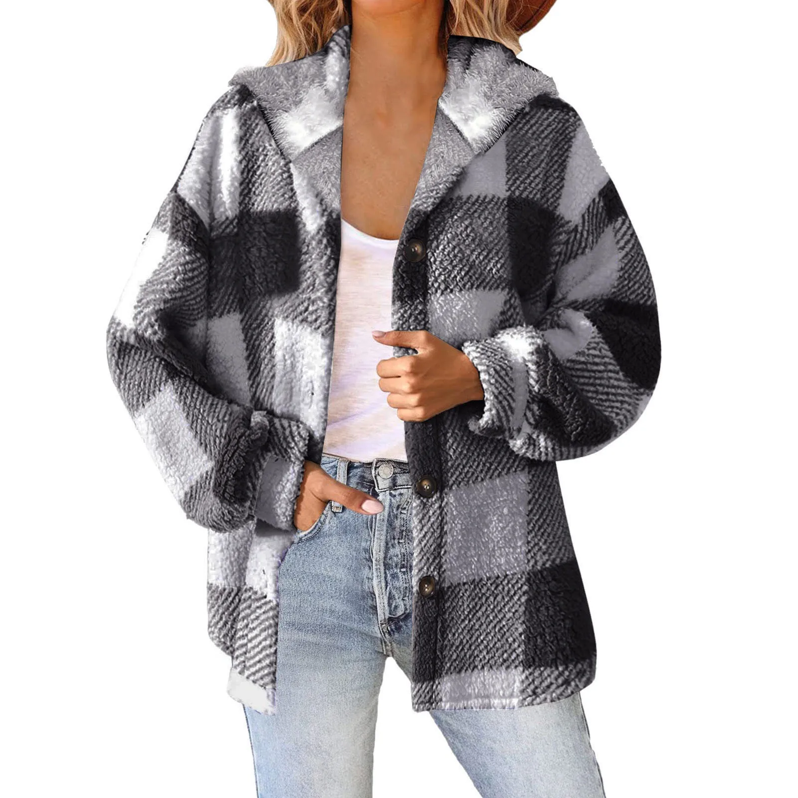 Plaid Color Match Hooded Jacket Women's Autumn Winter Button-Down Fleece Coats Casual All Match Streetwear Outdoor Warm Jackets