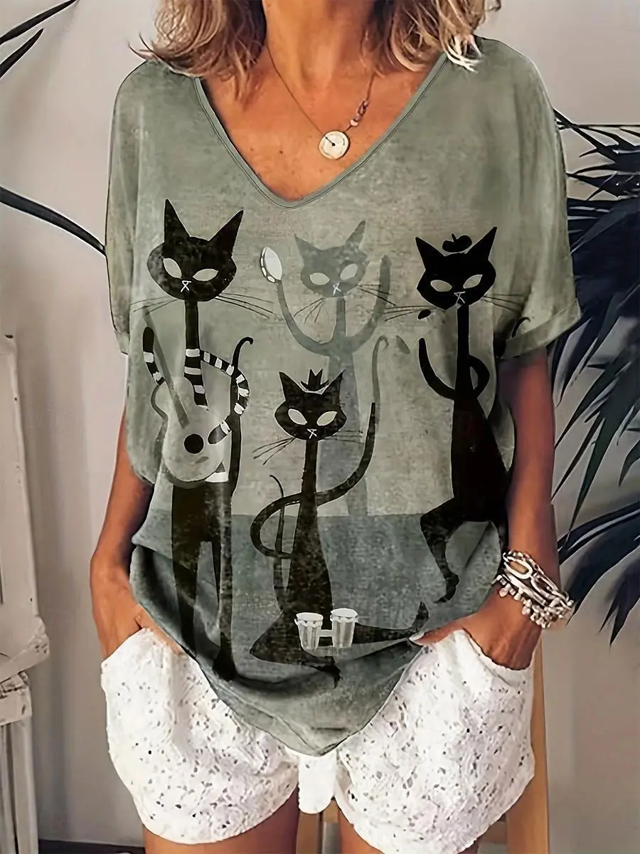 Minimalist Cat Pattern V Neck T Shirt For Women Fashion Casual Daily Street Style Vacation Outfit Look Lovely Simple