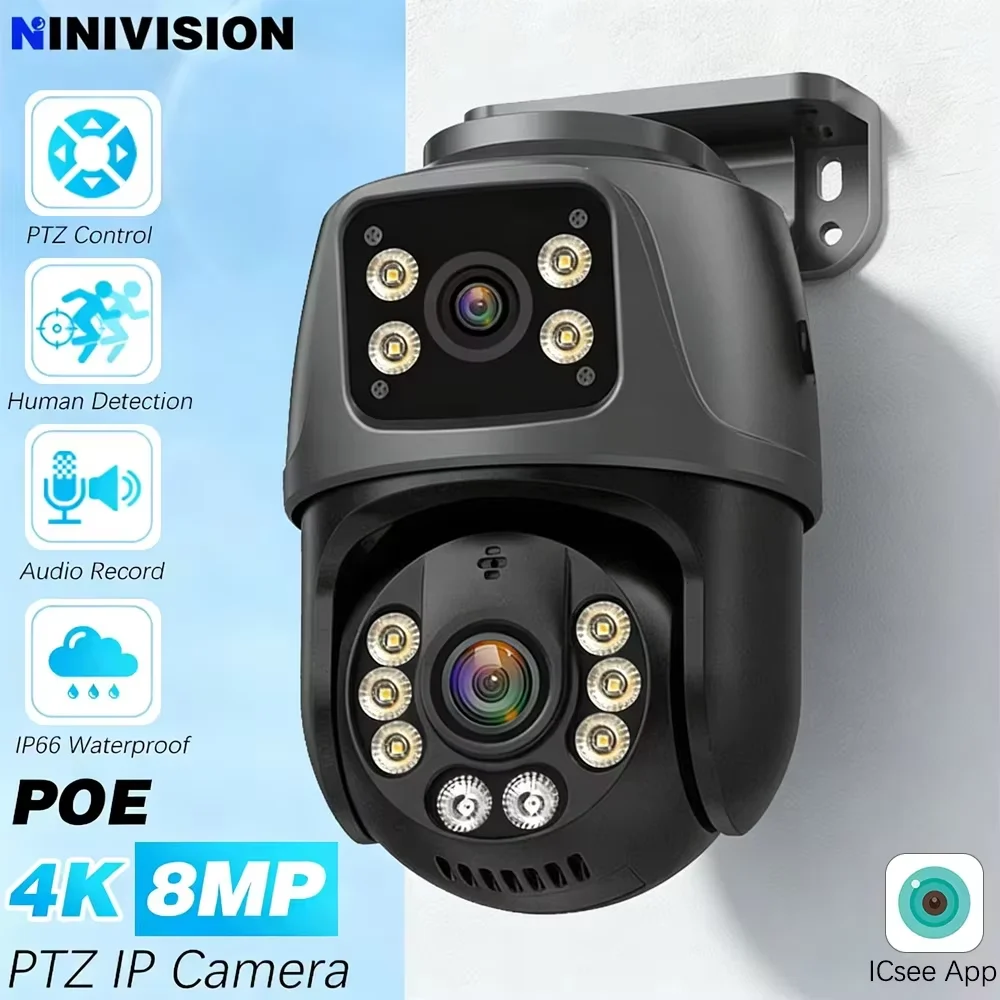 Dual Lens 8MP 4K POE IP PTZ Camera Motor Dome Human Detection Two-Way Audio Outdoor Security Camera Security Protectio ICsee App