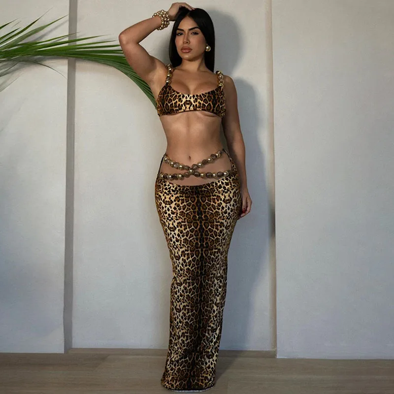 

Leopard Print Festivals Outfit Women Two Piece Set Party Night Clubwear Strapless Crop Top and Long Skirt Matching Sets Holiday