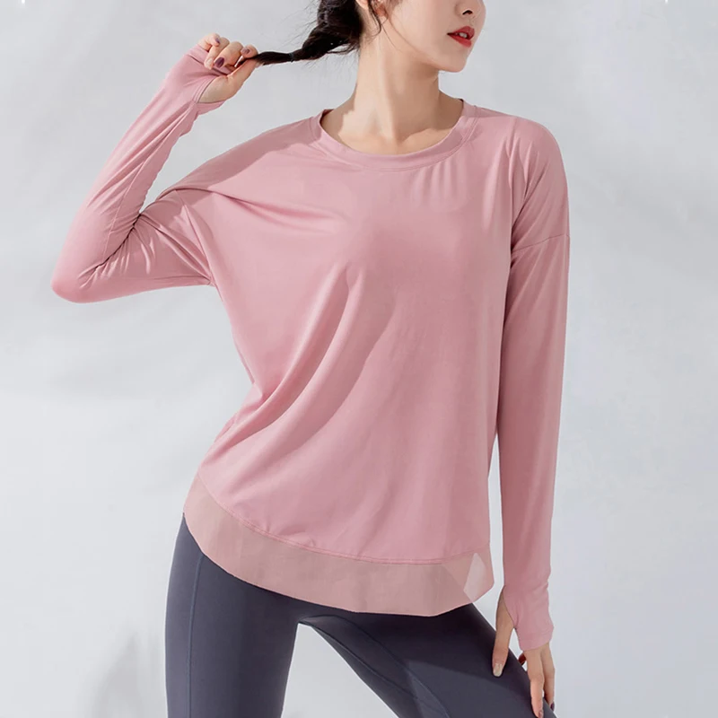 Sport Shirt Women Gym Tshirt Yoga Top Fitness Clothes Running Active Wear Loose Long Sleeve Workout Shirts With Thumb Holes Tops