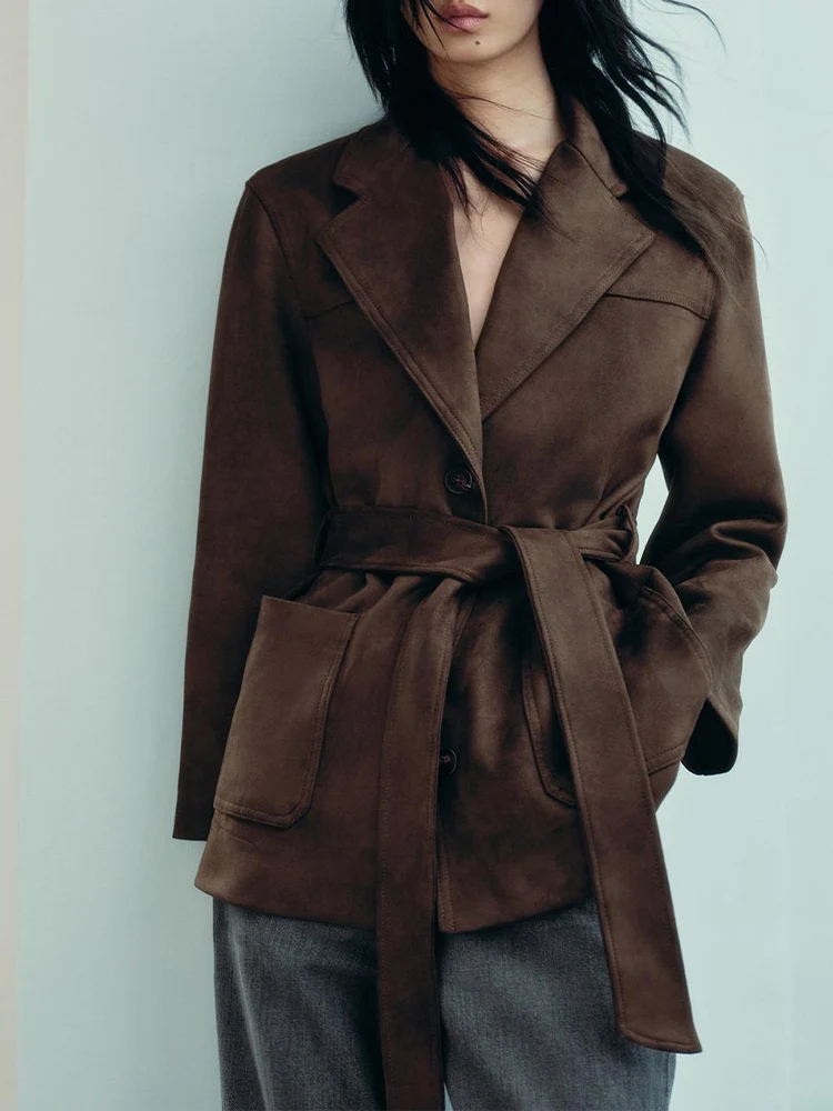 

Новая женская мода в европейском стиле, универсальный темпераментный однотонный жакет с замшевым эффектом и поясом