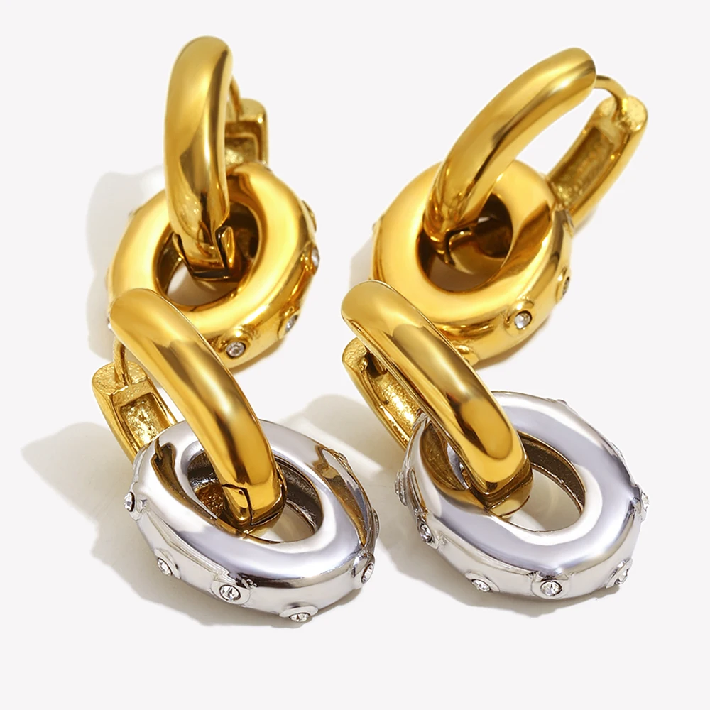 E.B.belle Trendy Small Oval Clear Zircon Hoop Earrings Women 18K Gold Plated Stainless Steel Jewelry Girl's Ear Jewelry