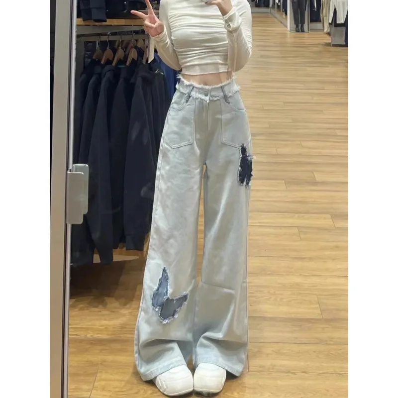Damesbroeken High Street Bow Patch Design Losse Jeans Nieuwe Hoge Taille Skinny Wijde Pijpen Rechte Pijpen Dames Lange Broek