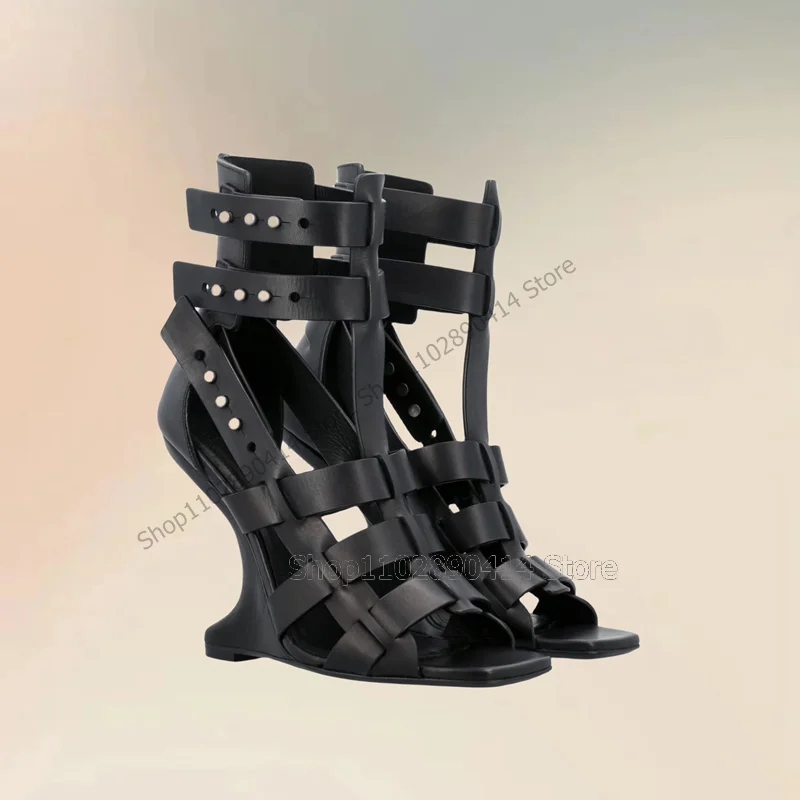 Black Hollow Design Strange Style Heels Open Toe Sandals Ankle Buckle Strap Women Shoes Novel Fashion 2023 Zapatos Para Mujere