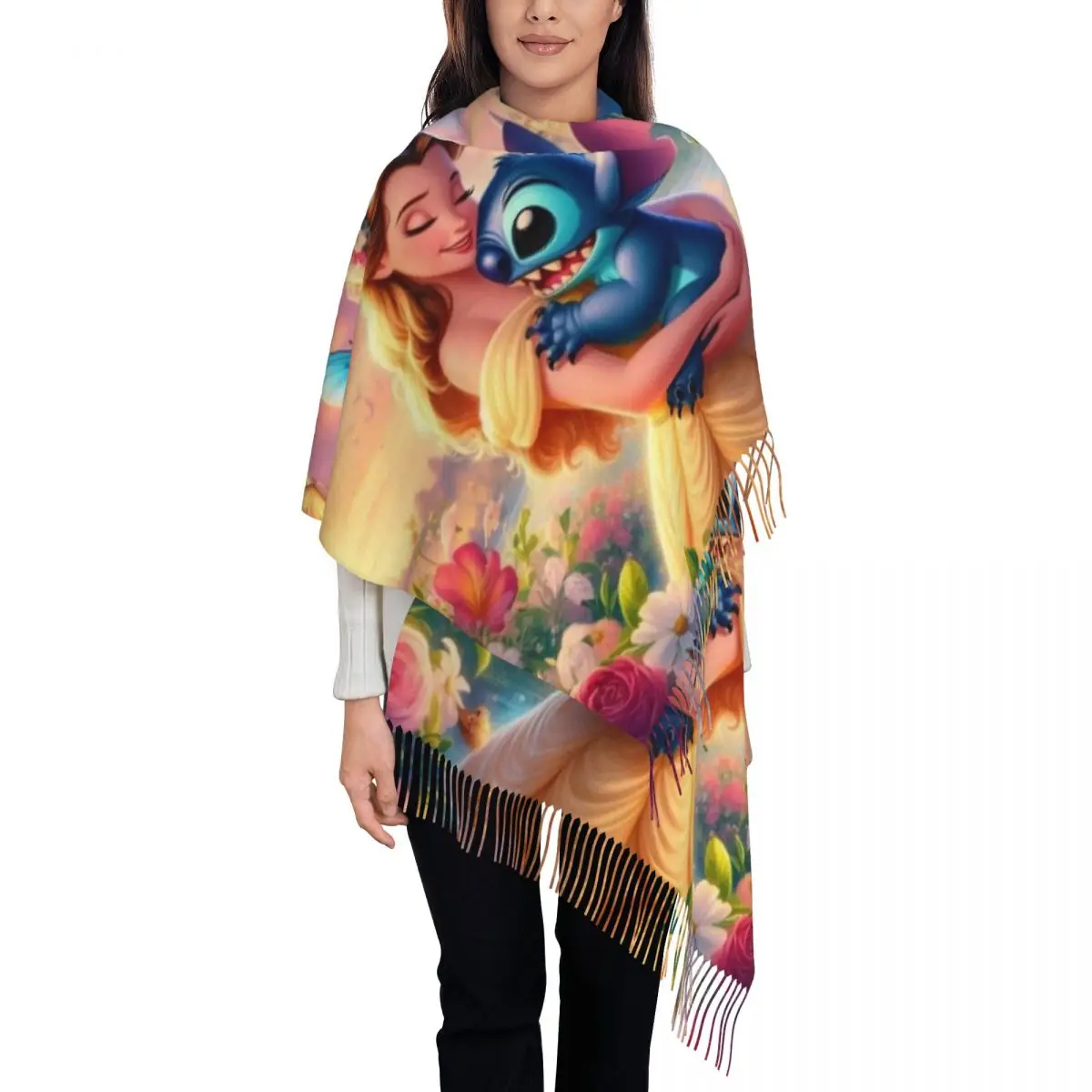 

Custom Female Long Princess And Stitch Scarves Women Winter Fall Soft Warm Tassel Shawl Wraps Scarf