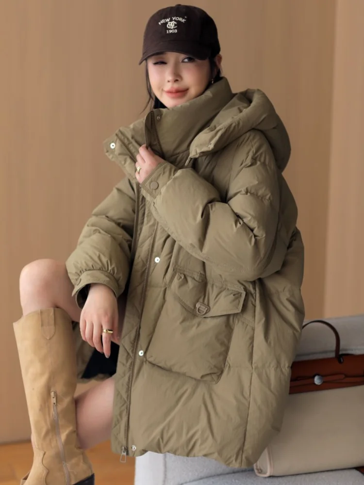 White Duck Down Jacket for Women, 90% Duck Down, Thickened, Warm, Monochromatic, Medium-length, Female Jackets, 2024 Winter