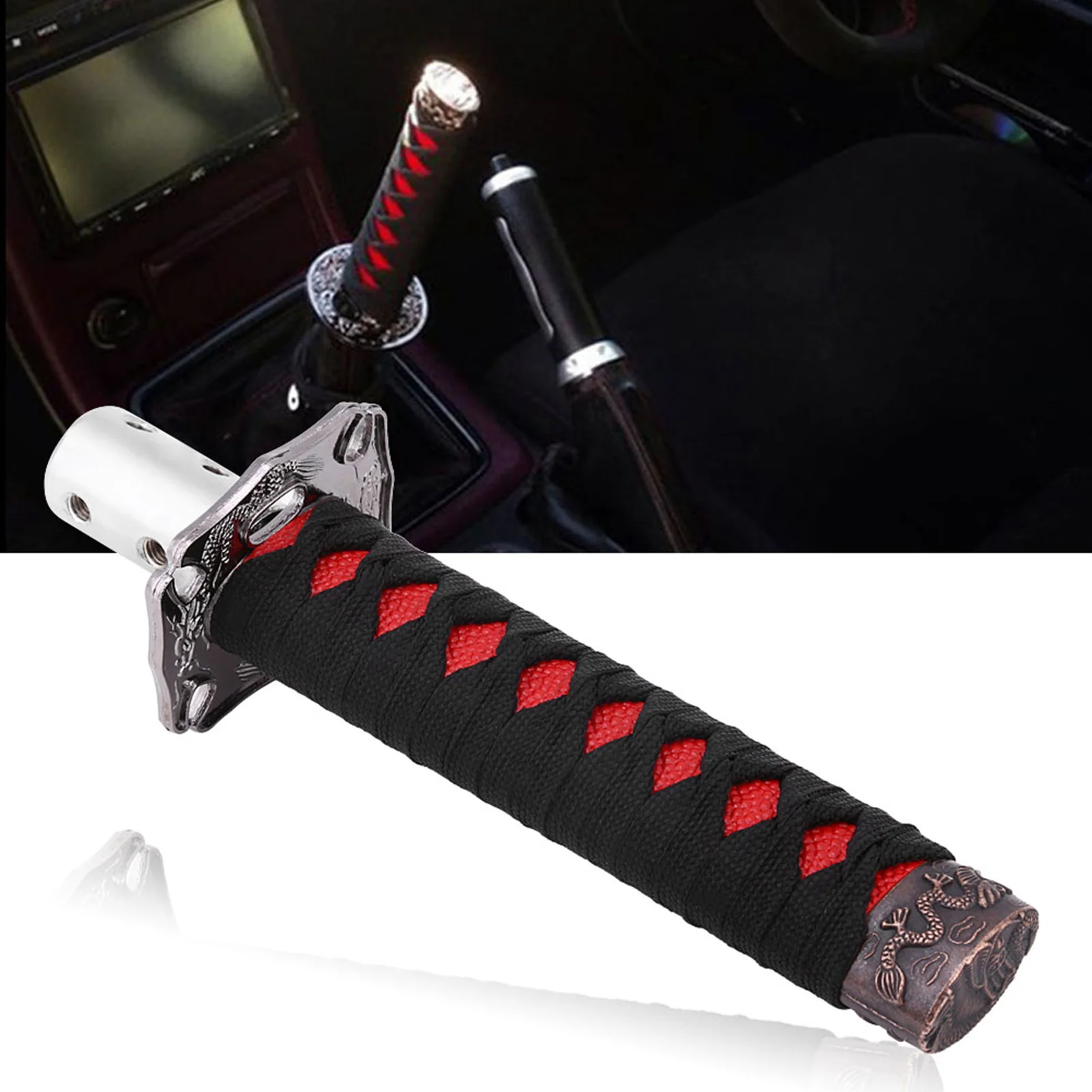 

Japanese Sword Car Gear Lever Knob Shifter with 4 Adapters Black Red Gear Knob