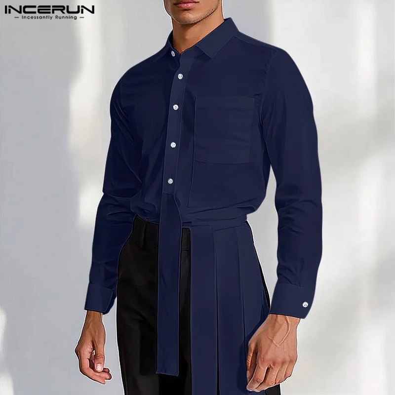 INCERUN Splicing Strip Simple Blusas Men Lapel Collar Shirts Handsome Solid Color Chemise Casual Long Sleeve Open Up Top Tunics