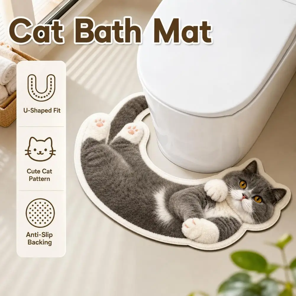 Creative Cute Cartoon Cat U‑Shaped Toilet Bath Mats Irregular Plush Bathroom Floor Mat Soft Washable Carpet Home Decoration