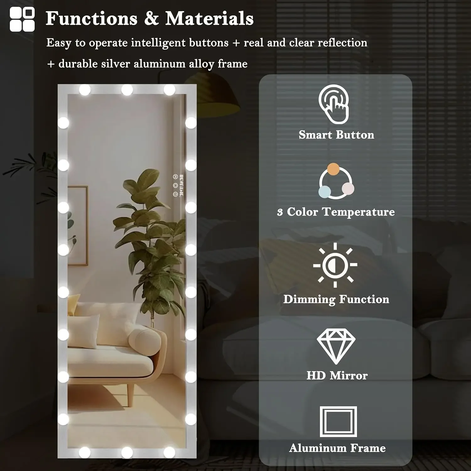 Mirror with Lights Full Length, 62.6'' x 23.3'' LED Full Body Floor Dressing Mirror with 22 Dimmable Bulbs, Dimmable, 3 Color Li
