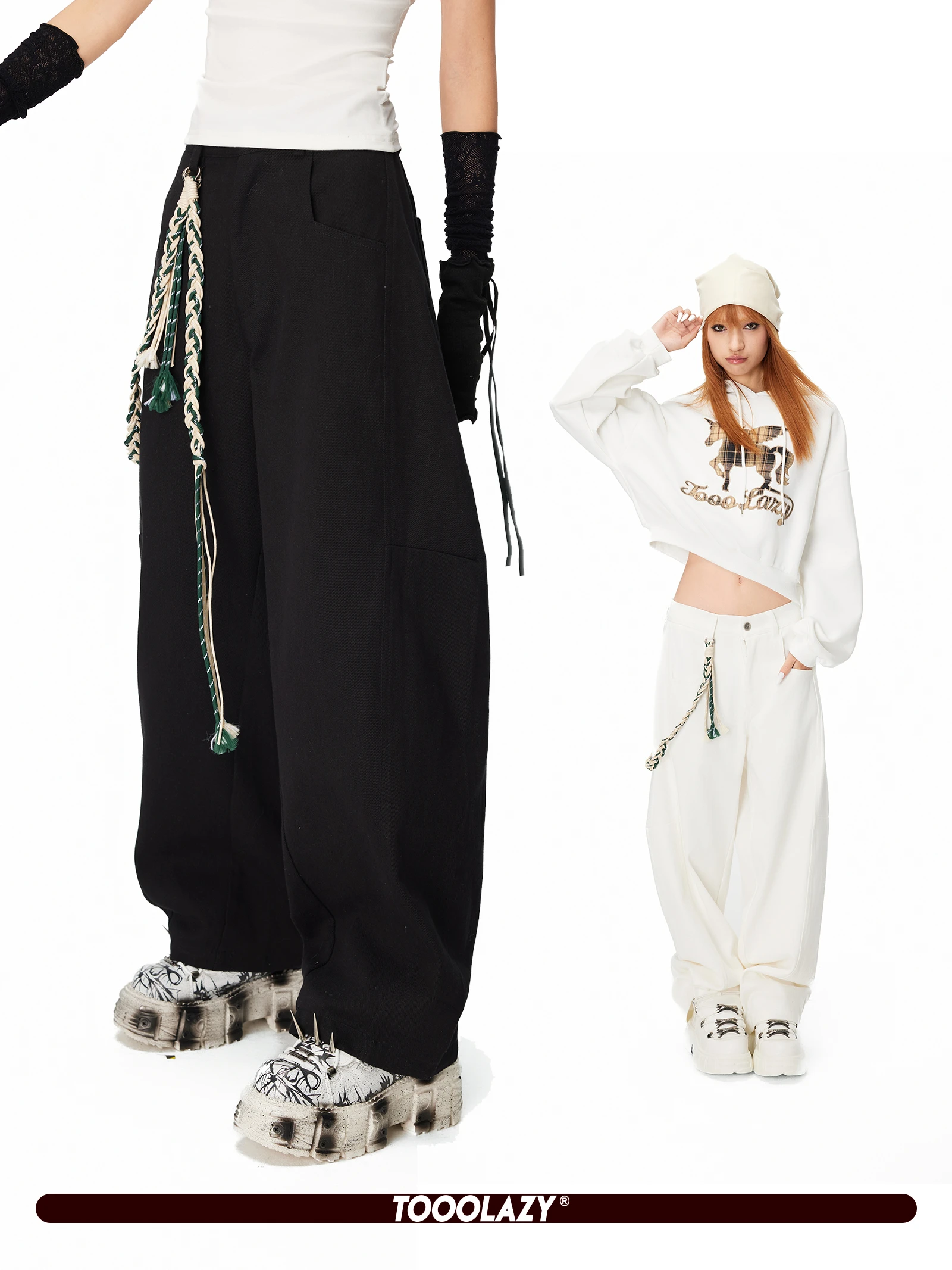 

Широкие повседневные брюки с высокой талией для женщин, дизайн пояса, черные свободные длинные брюки, повседневные хлопковые брюки