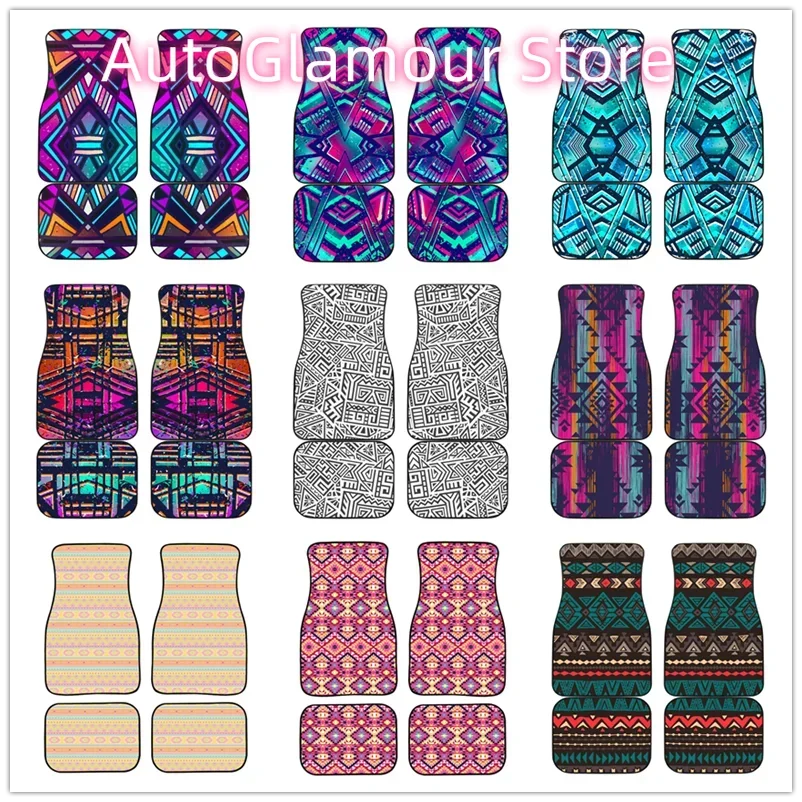 Aztec Pattern Print  All Protective Car Floor Mats Heavy Carpet Front and Rear Full Set 4PCs Pack for Car SUV