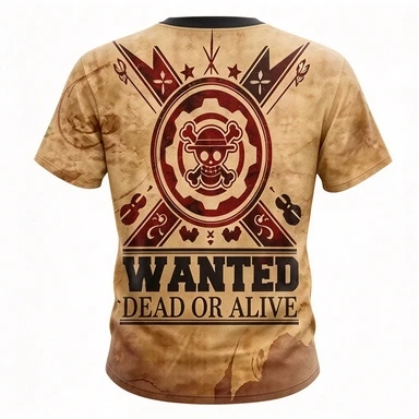 One Piece Anime Luffy Wanted Dead or Alive Pattern Retro Poster Texture Pirate Skull Casual Street Wear Trendy Top