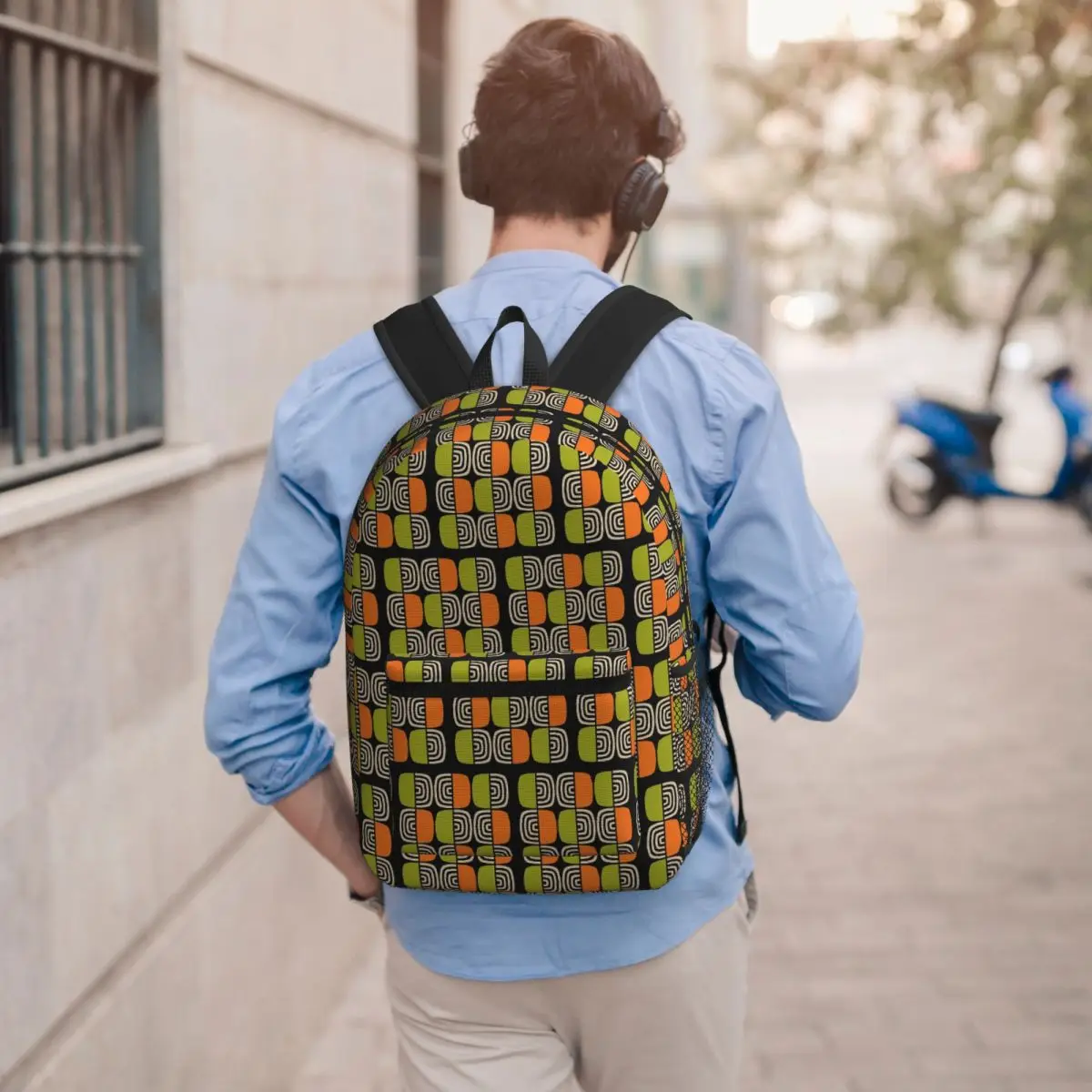 Half Concentric Circle Pattern Black Orange Green And Beig Student Backpack School Bag Hiking Daypack Bookbag Shoulder Bags