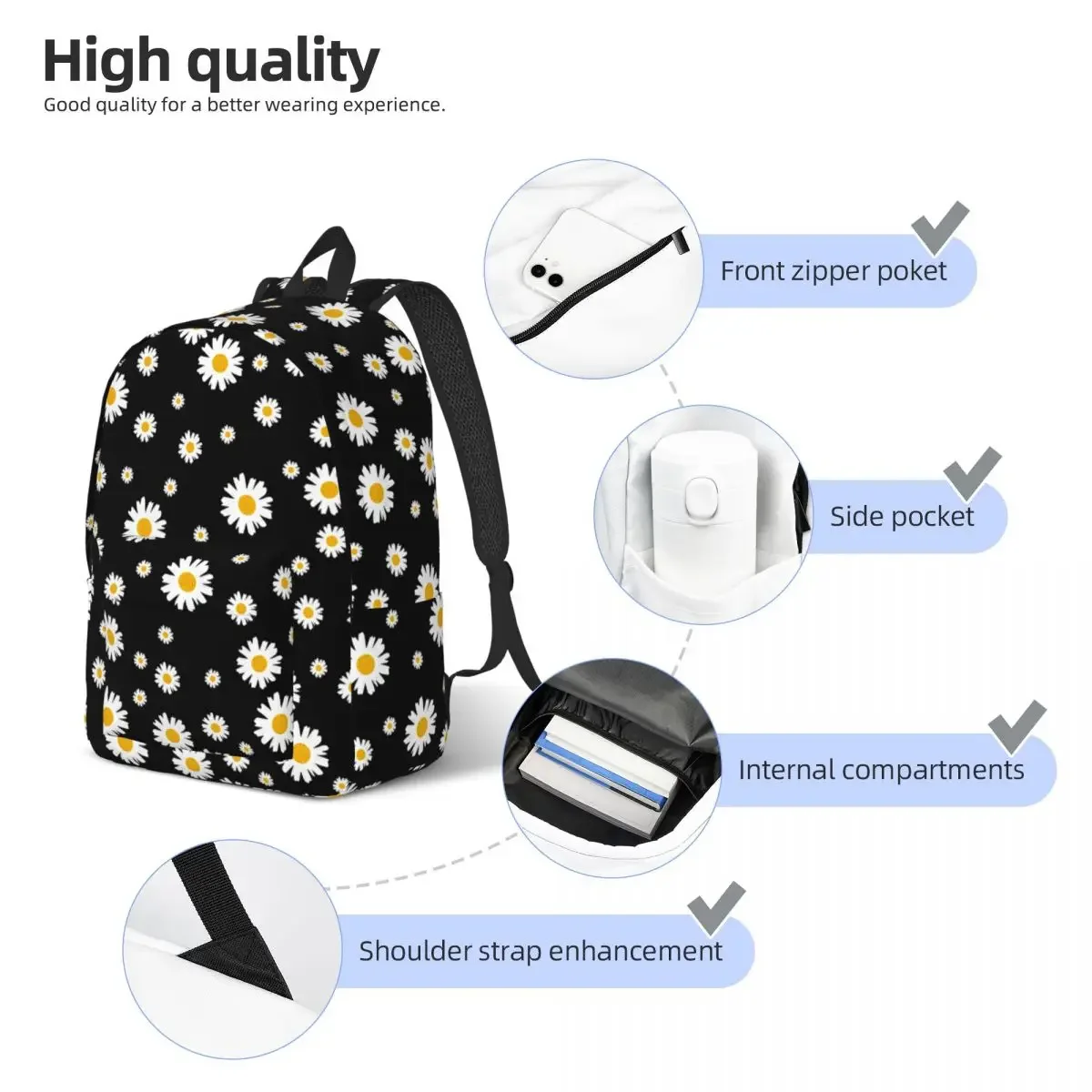 Mochila de lona com flor de margarida para homens e mulheres, bookbag para estudante do ensino médio, bookbag para escola, presente