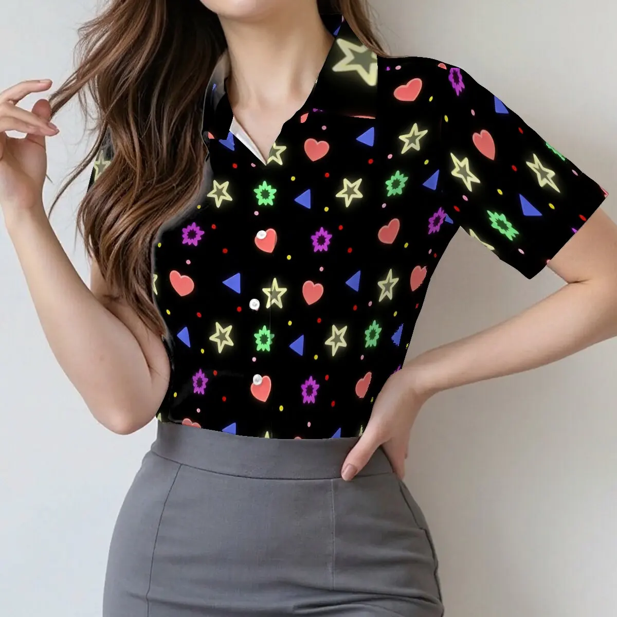 

Minimalist and Personalized Starry Sky Printed Women's Short sleeved Collar Shirt Summer Fashion Daily Versatile Casual Top