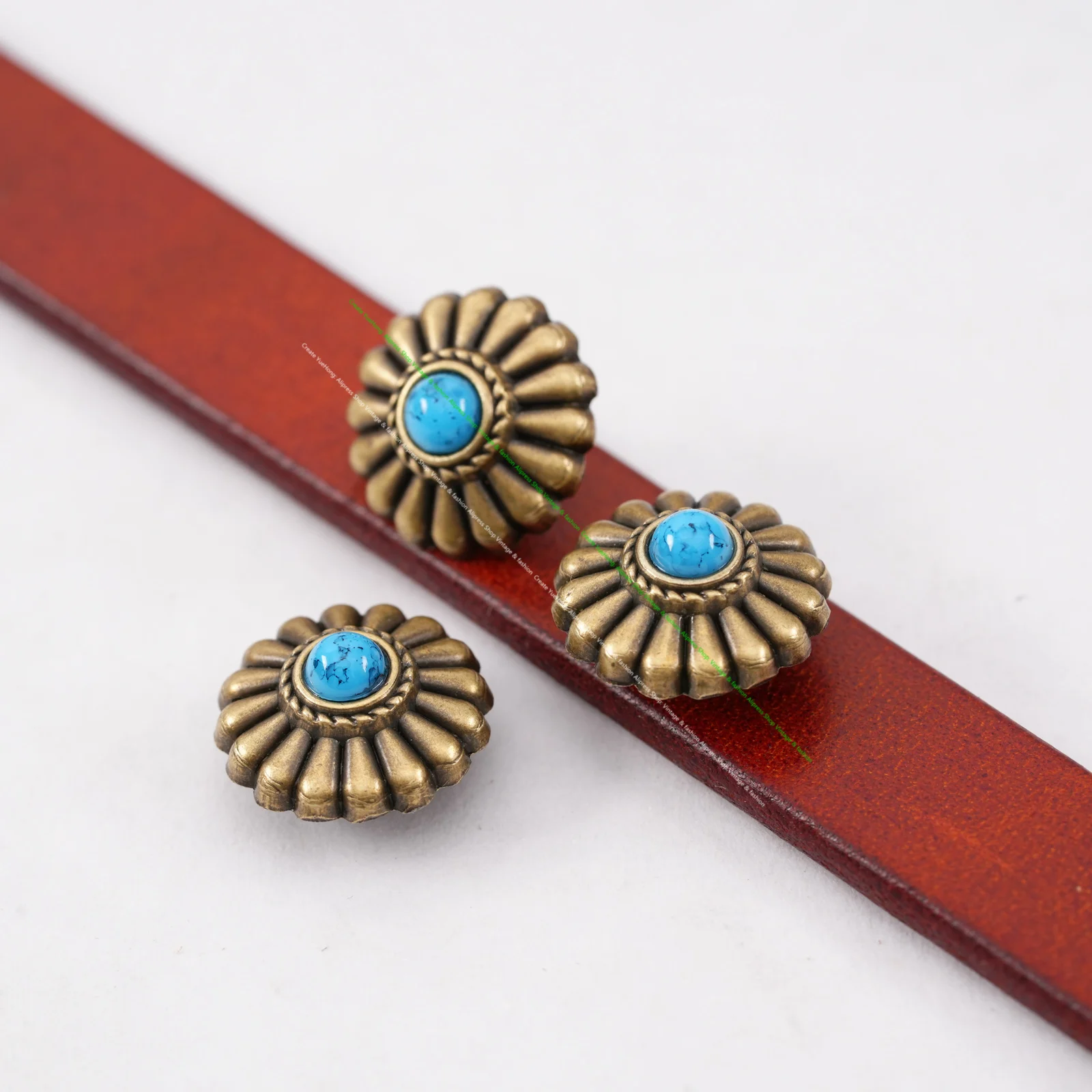 10PC 16MM FLORAL WESTERN TURQUOISE ANTIQUE BRASS SCREW BACK SADDLE DECOR BUTTONS SCREWBACK