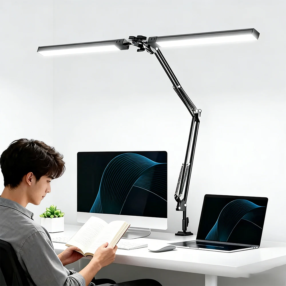 Double Head Led Desk Lamp, Eye-Caring Desk Light with Clamp, Adjustable Flexible Goose-NeckTask Lamp for Home Office Study