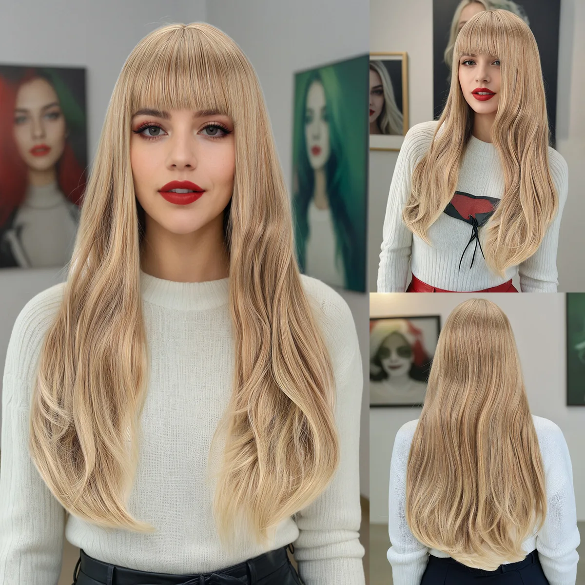 Cross border European and American women's fashionable long curly hair with bangs and golden wig-Synthetic fiber wig