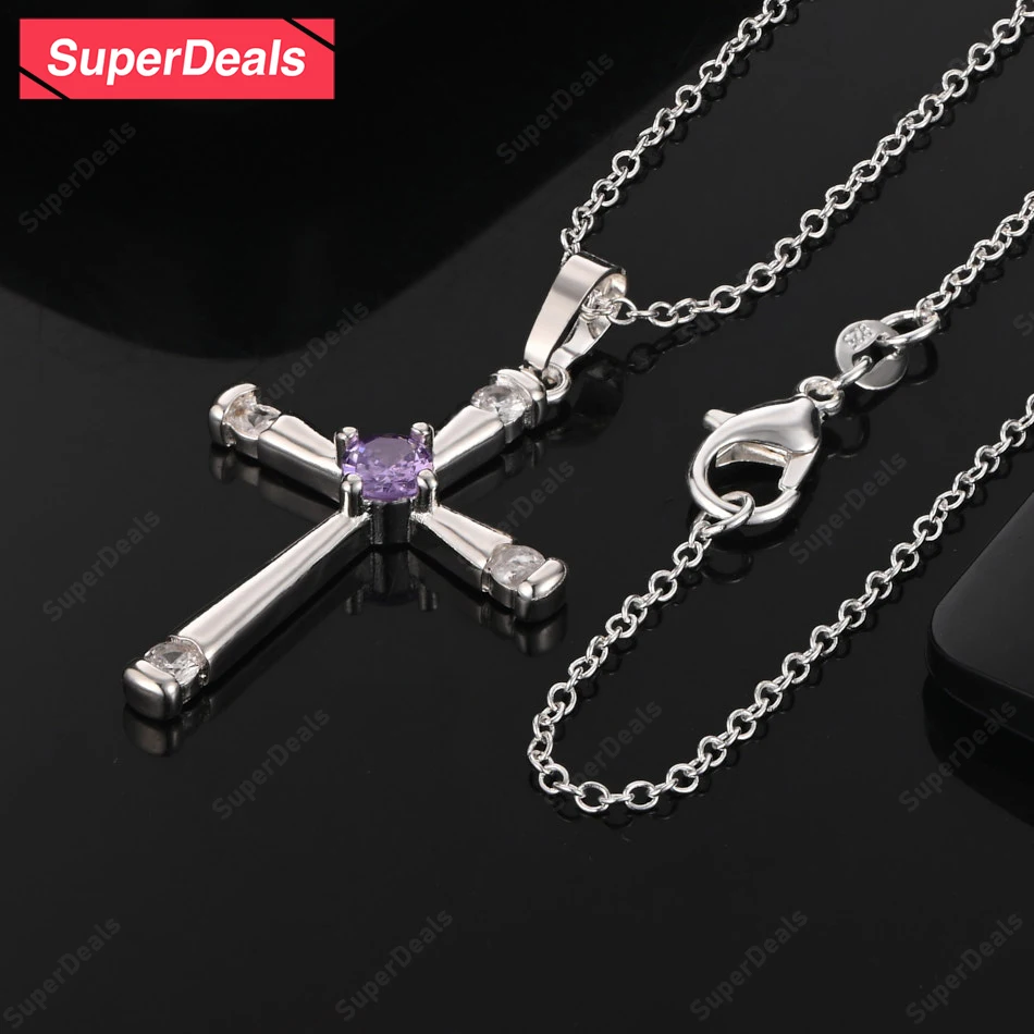 

SuperDeals Purple Zircon 925 Sterling Silver Cross New Pendant Necklace Engagement Wedding Fine Luxury Jewelry Gift Party