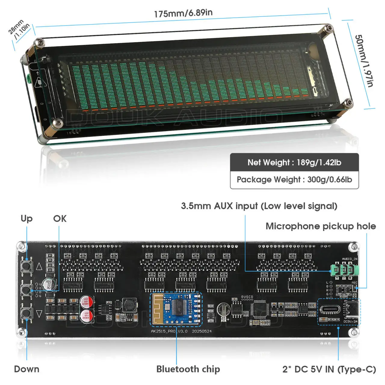 Nobsound AK2515 Bluetooth 5.0 마이크 픽업 오디오 스펙트럼 분석기 VFD 사운드 레벨 미터 VU 미터 화면 디스플레이