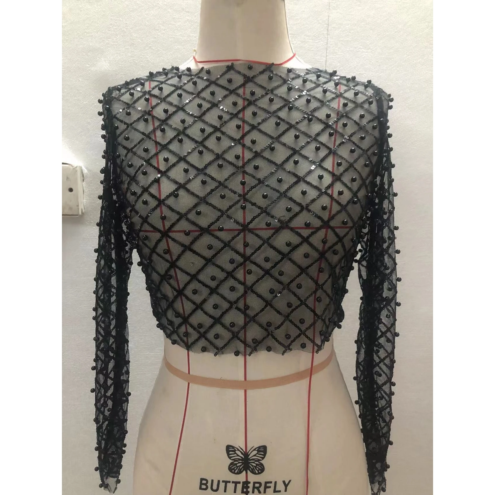 Sexy Beaded Long Sleeve Mesh Top Trending Women's T-shirt Sparkling Glitter Partywear Fashionable Street Style Spring 2023